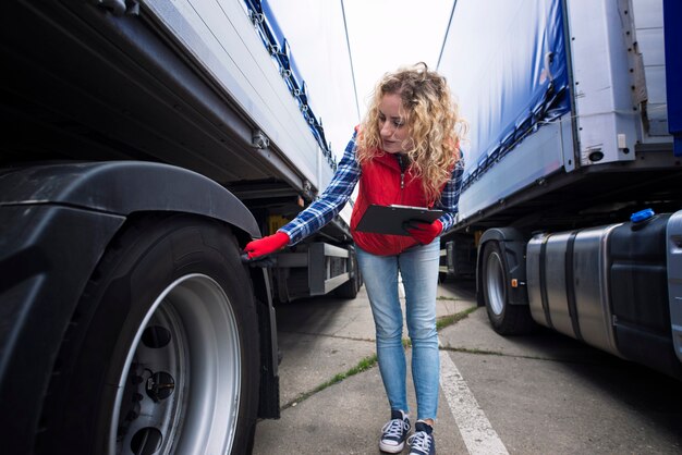 Truck driver checking vehicle tires and inspecting truck before ride