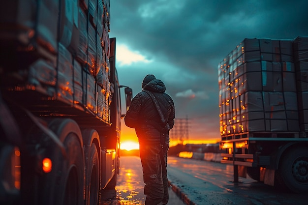 Free photo truck and logistics operations at dusk