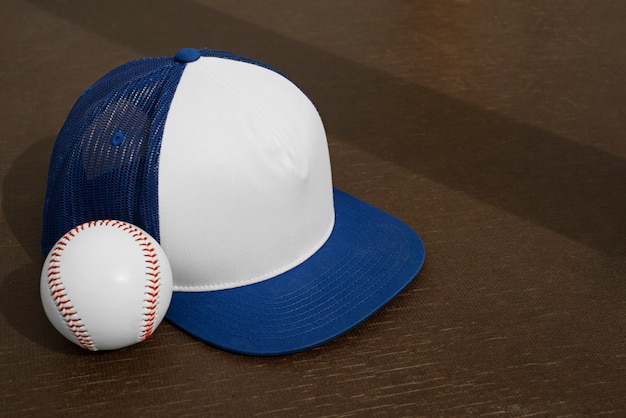 Free photo trucker hat with baseball and copy space