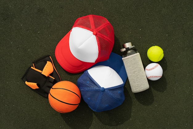 Free photo trucker hat with baseball and tennis ball