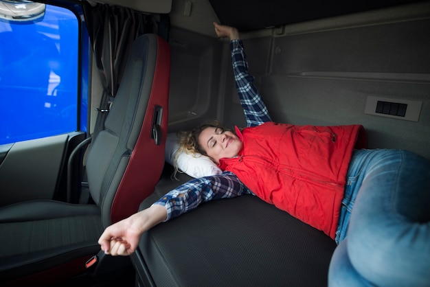 Trucker waking up in his cabin after a long ride