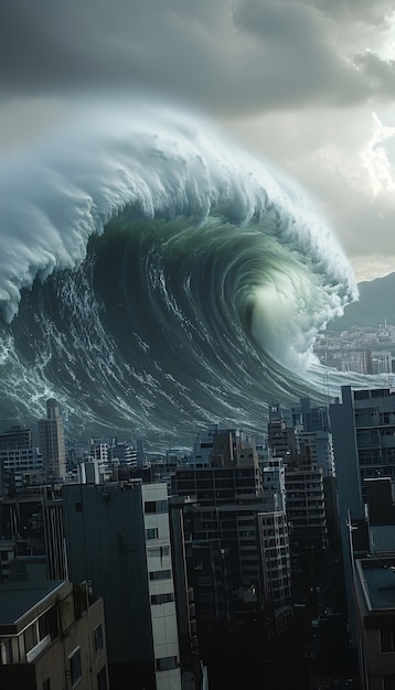 Free photo a tsunami wave crashing into the city and damaging structures