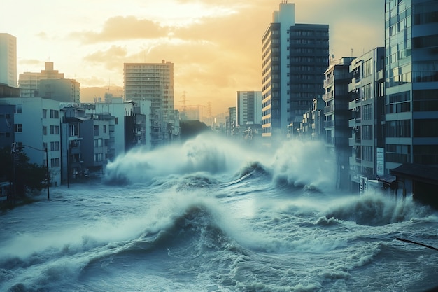 Free photo a tsunami wave crashing into the city and damaging structures