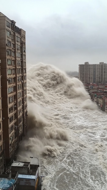 Free photo a tsunami wave crashing into the city and damaging structures