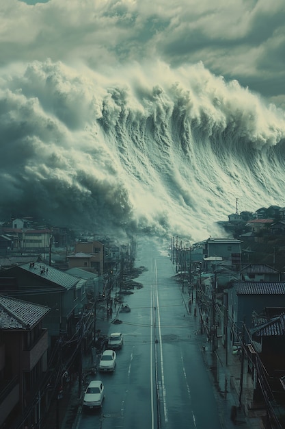 Free photo a tsunami wave crashing into the city and damaging structures