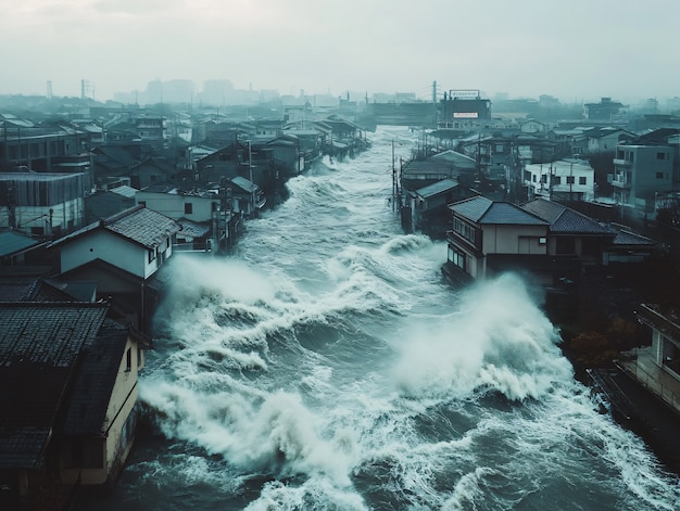 Free photo a tsunami wave crashing into the city and damaging structures