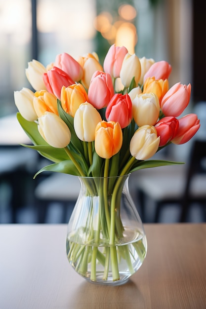 Free Photo tulip bouquet in transparent vase