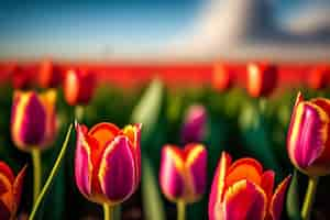 Free photo tulips in a field with a blue sky in the background