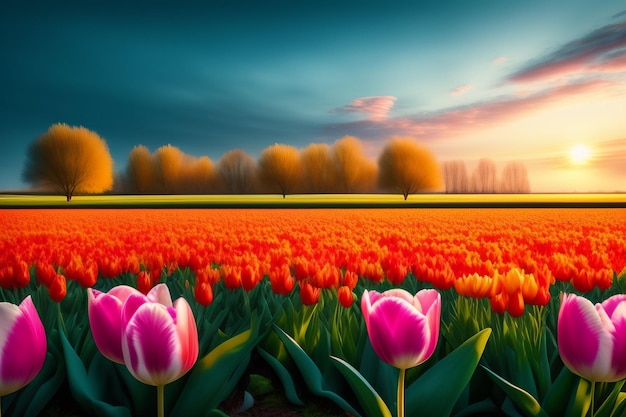 Free Photo tulips in a field with a sunset in the background