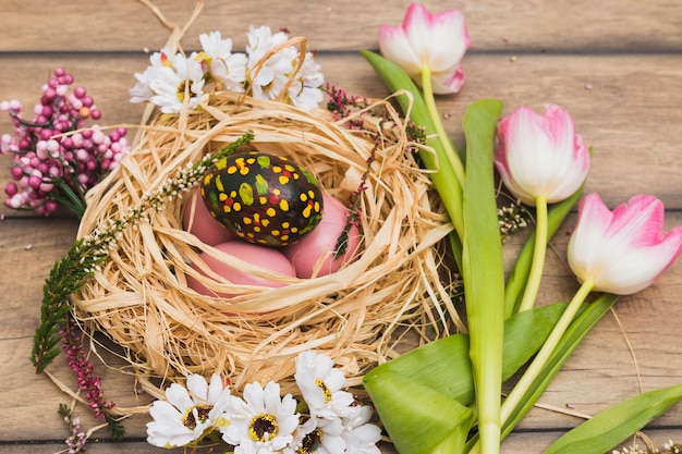 Free photo tulips near nest with easter eggs