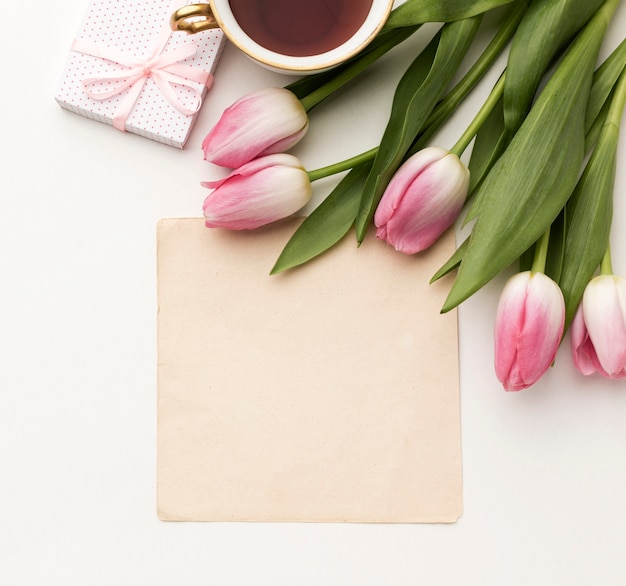 Tulips with gift and greeting card