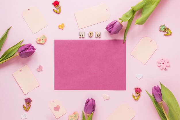 Tulips with Mom inscription and blank paper 