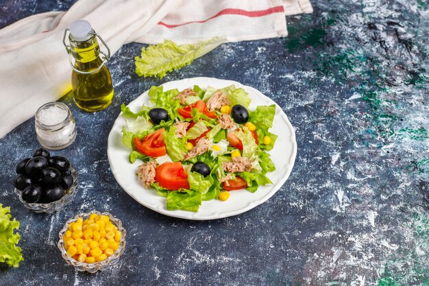 Tuna salad with lettuce,olives,corn,tomatoes,top view