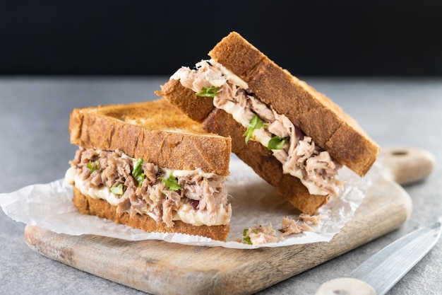 Free photo tuna sandwich with mayo and vegetables on gray stone background