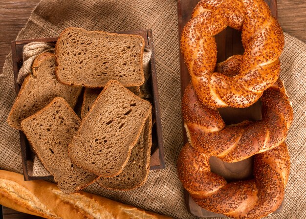 Turkish bagels with french baguette and slices of bread in box