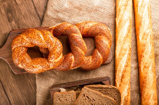 Turkish bagels with french baguette and slices of bread in box