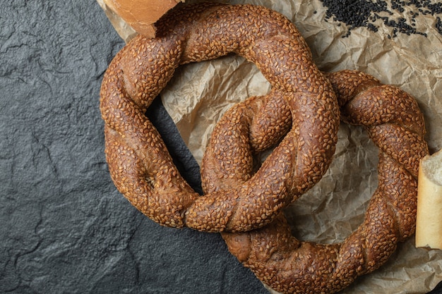 Turkish crunchy round braided bagels with sesame seeds.