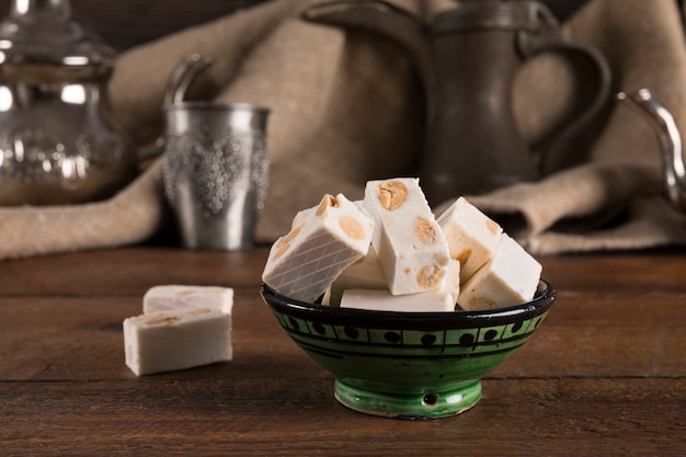 Turkish delight in bowl on table