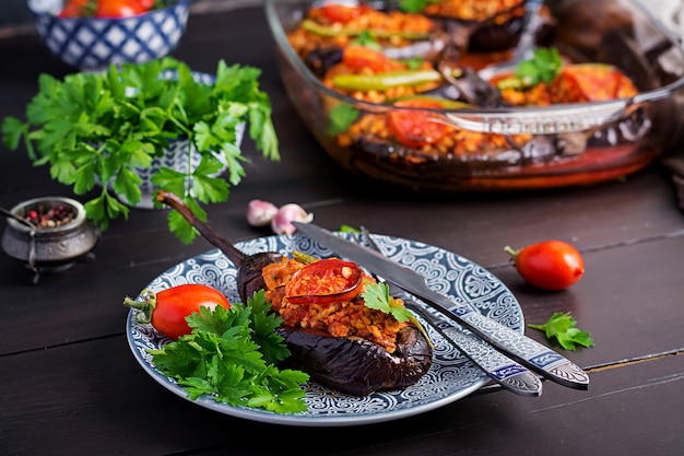 Turkish stuffed eggplants with ground beef and vegetables baked with tomato sauce