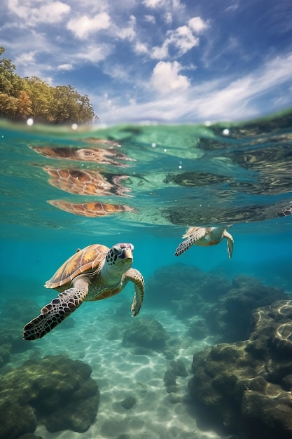 Turtles swimming in ocean