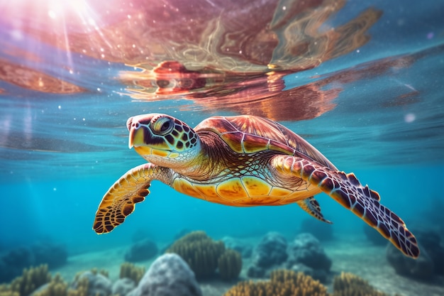 Turtles swimming in ocean