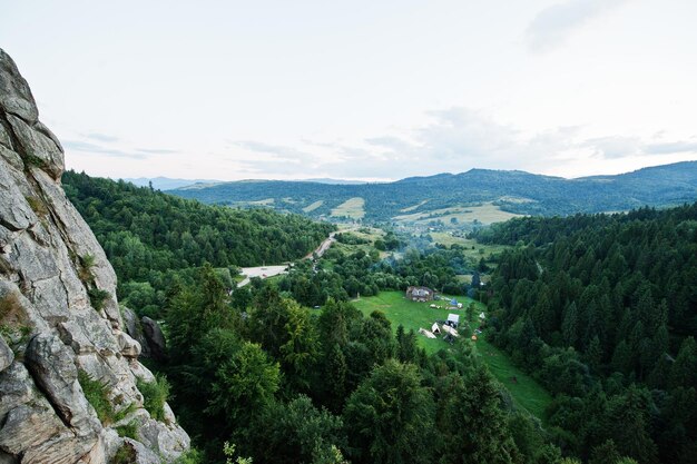 Tustan fortress ruins of rocks at Carpathian Ukraine View on camping village