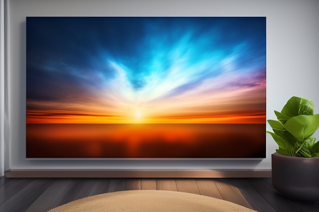 A tv is on a wooden floor and the tv is displaying a sunset