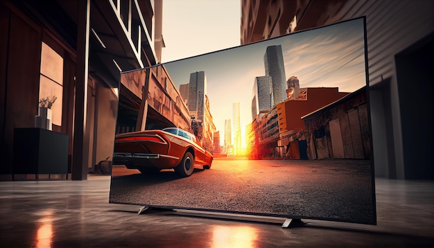 Free photo tv with city skyline illuminated at dusk with traffic motion generative ai