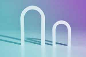 Free photo two archways of different sizes on background with pastel blue-violet hues. minimalist showcase for product presentation. 3d rendering