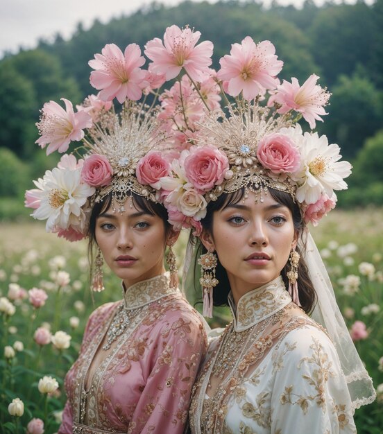 Two asian girls in nature with floral headdresses