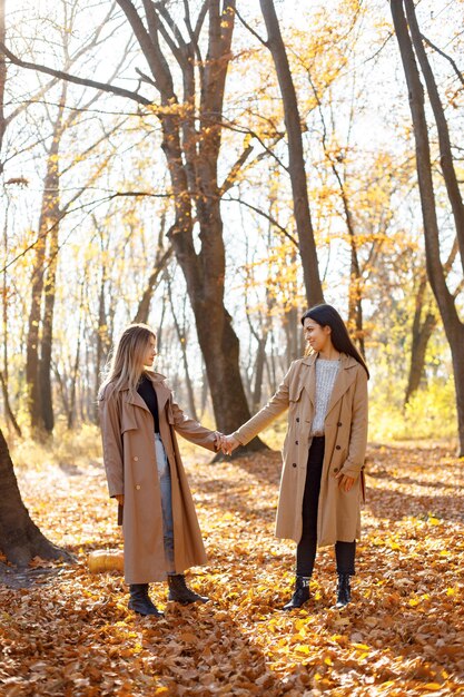 Two beautiful female friends spending time together. Two young smiling sisters walking in autumn park. Brunette and blonde girls wearing coats.