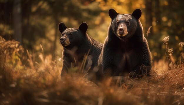 Two black bears in a forest with a golden background