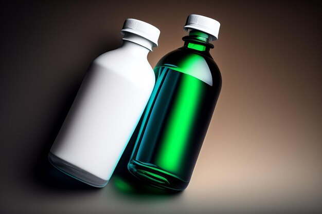 Two bottles of green liquid with white caps on a dark background