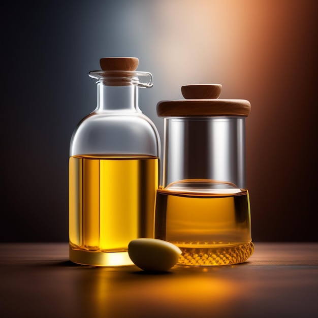 Two bottles of olive oil and a bottle of olive oil sit on a wooden table.