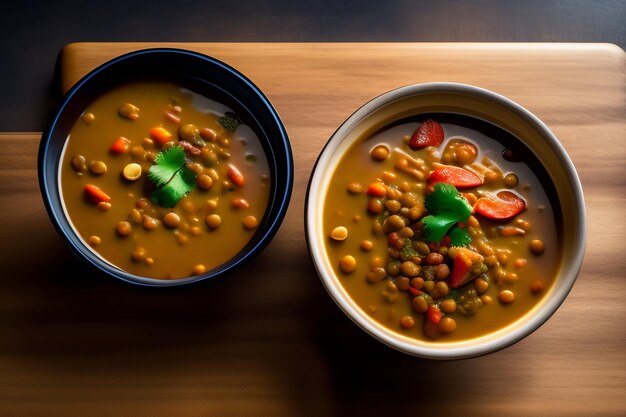 Two bowls of lentils on a wooden table