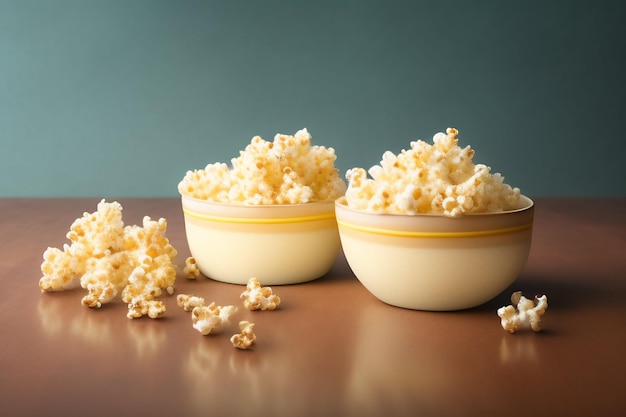 Two bowls of popcorn on a table with one that says'popcorn '