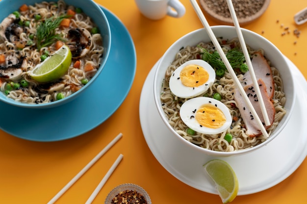 Free photo two bowls of ramen with two slices of lemon and chopsticks