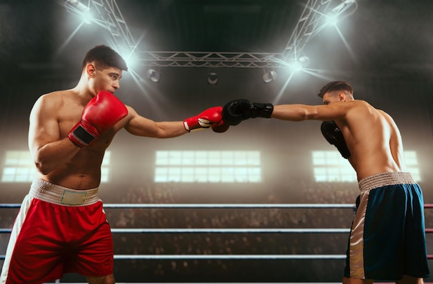 Free Photo two boxers are fighting on professional boxing ring