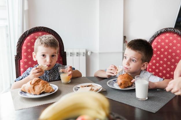 Free photo two boys having breakfast at morning