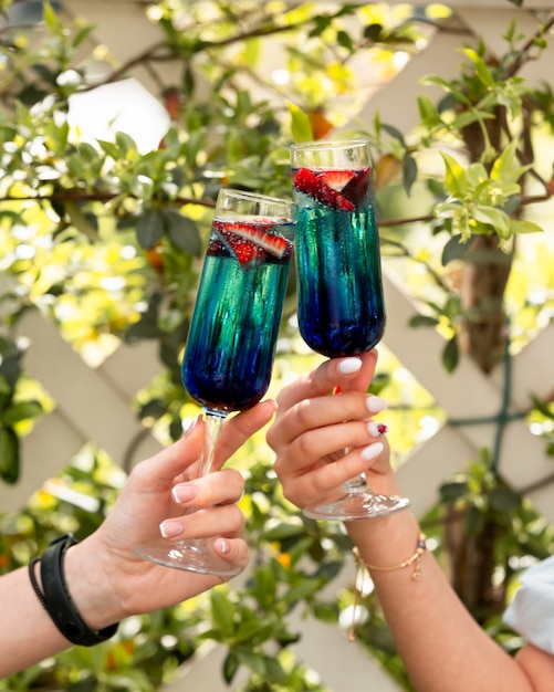 two cocktails in glass with fruit slices