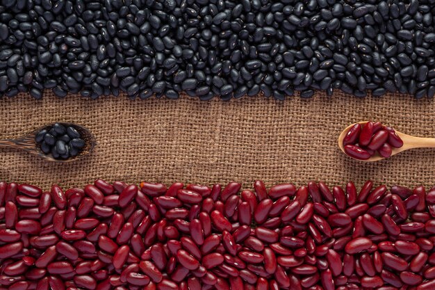 Two color bean seeds placed on a brown wood floor.