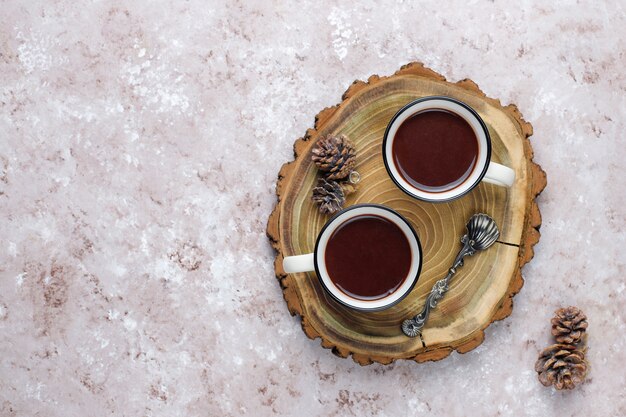 Two cup of hot chocolate with marshmallow on table