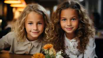 Free photo two cute girls smiling looking at camera indoors portrait generated by artificial intelligence