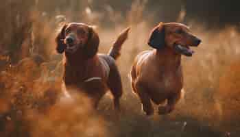 Free photo two dachshunds running in a field with the sun shining on them