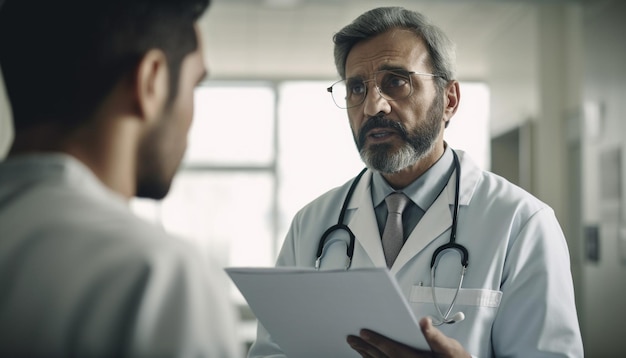 Two doctors in white coats are discussing a document with a man in the background.