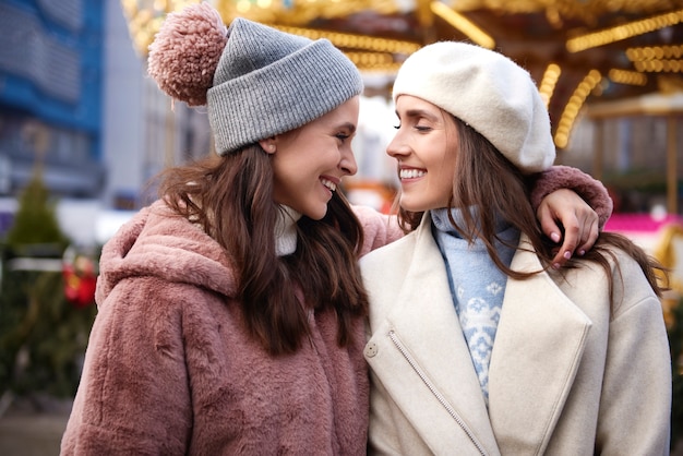 Two female best friends on Christmas Market