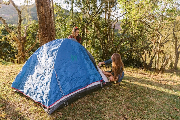 Two female friend setting tent while camping in forest