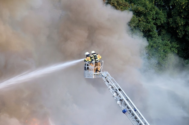 Free Photo two firefighters trying to stop the fire in the forest surrounded by smoke