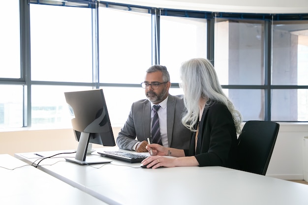 Two focused colleagues watching and discussing content on computer monitor, holding pen and mouse and talking while sitting in meeting room with panoramic window. Business communication concept