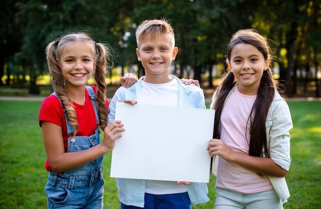 Free Photo two girls and a boy holding a poster in their hands